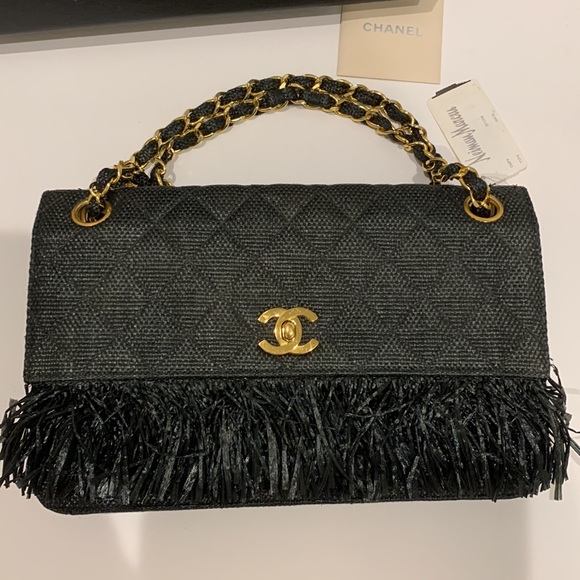 CHANEL 🖤 RARE Vintage Raffia Hemp Straw Quilted Flap Fringe Raw Edge Real Gold - Picture 1 of 16